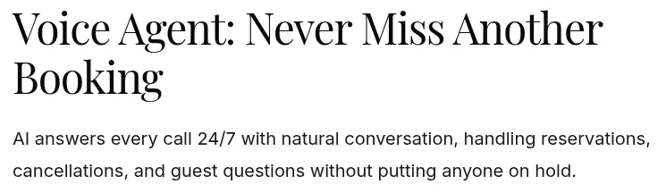 Elyra's Voice Agent page, headed 'Voice Agent: Never Miss Another Booking'. The text below states that AI answers every call 24/7 with natural conversation, handling reservations, cancellations, and guest questions without putting anyone on hold.