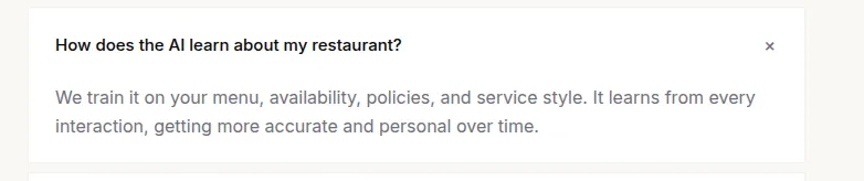 An entry in Elyra's FAQ. The question reads 'How does the AI learn about my restaurant?' The answer states that Elyra trains it on your menu, availability, policies, and service style, and that it learns from every interaction, getting more accurate and personal over time.